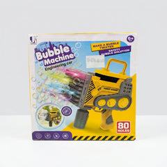 Bubble Machine Engineering Car box front, yellow digger-style bubble gun with the 80 holes badge