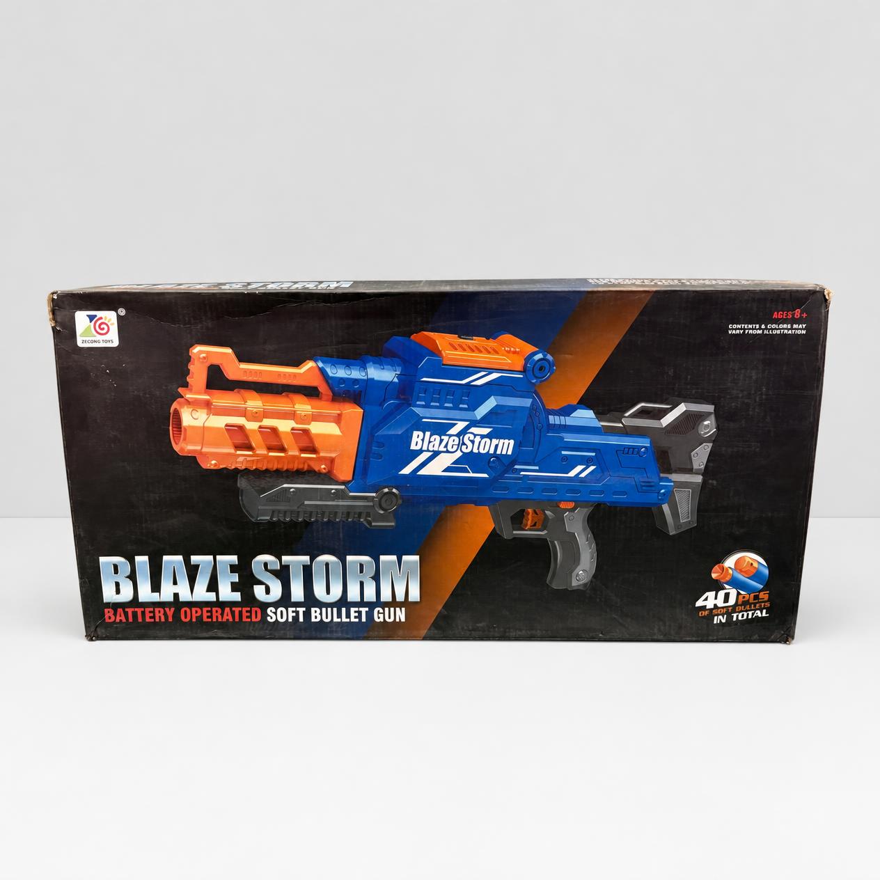 Blaze Storm soft bullet gun box front, blue and orange blaster with the 40-bullet badge