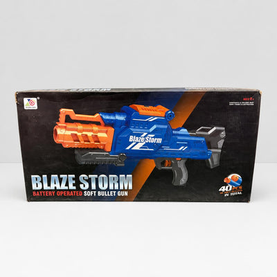 Blaze Storm soft bullet gun box front, blue and orange blaster with the 40-bullet badge