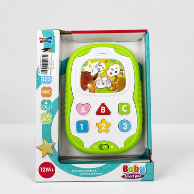 The open box with the green Baby Smart pad in its tray and the 12M+ badge below