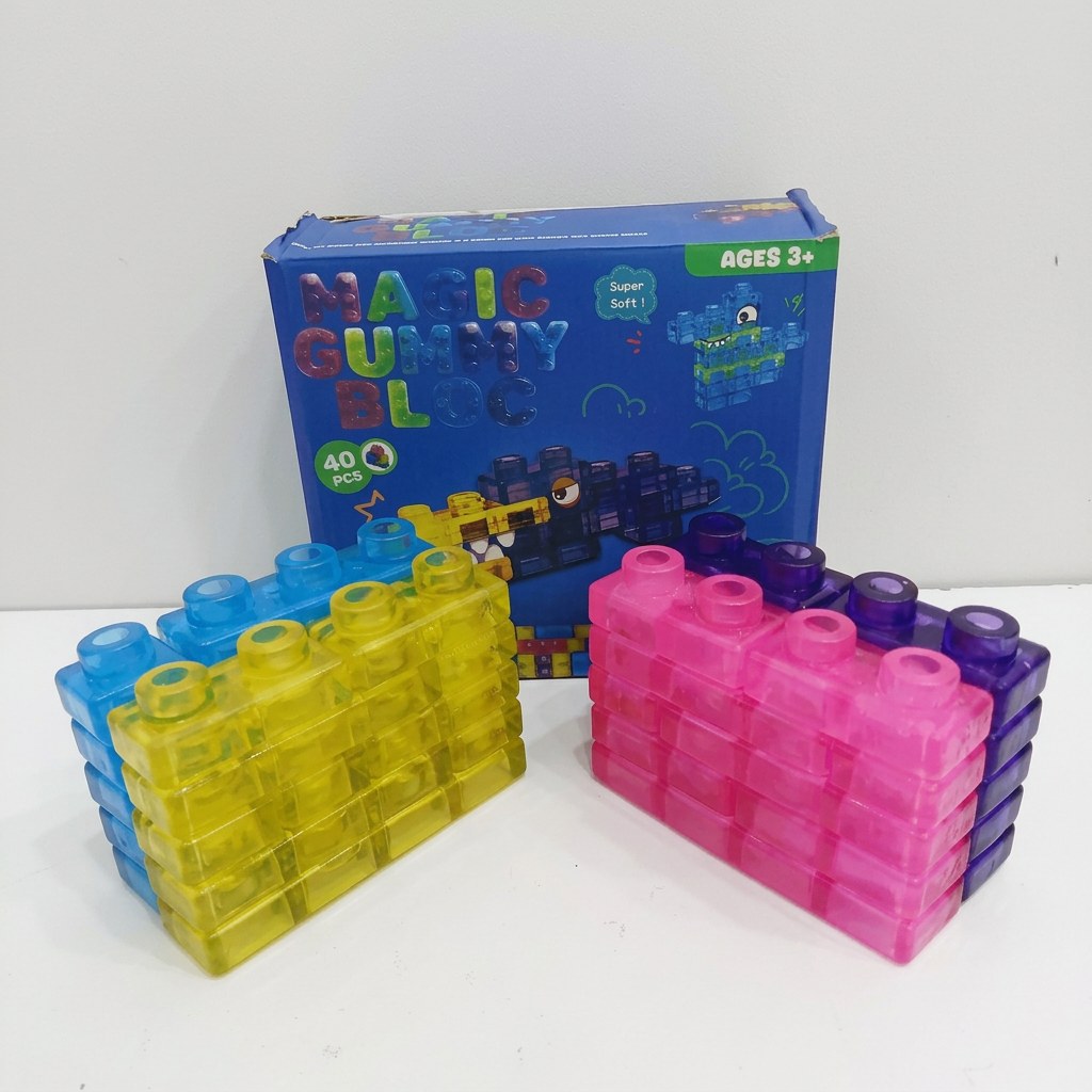 Magic Gummy Bloc box front, translucent building blocks, 40 PCS badge, AGES 3+ tag