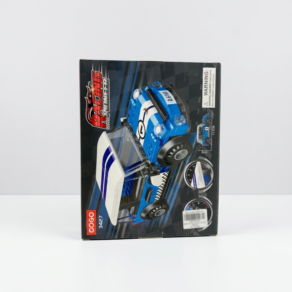 Blue rally car building-block box, back panel showing the built car at an angle, item number 3427 and the choking-hazard warning