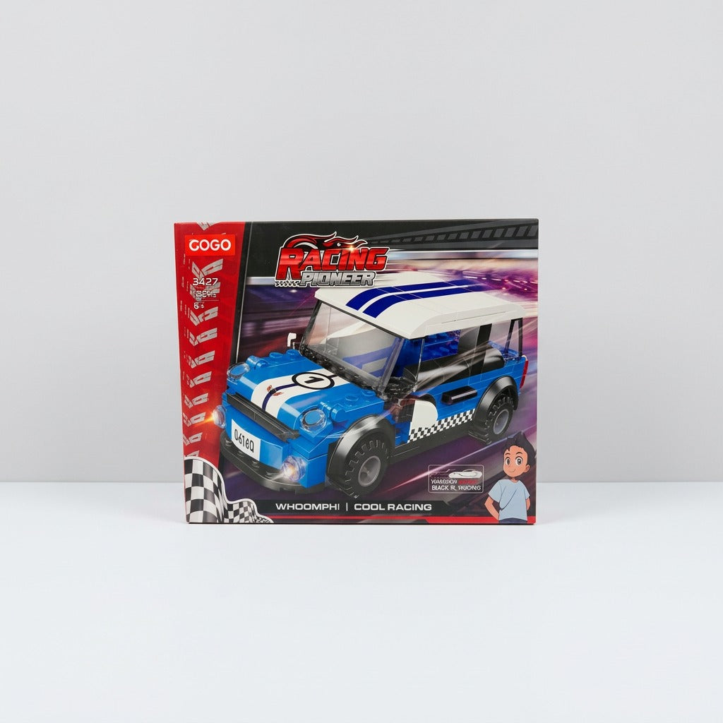 Blue rally car building-block box, front panel showing the "Racing Pioneer" car with checkered-flag livery and a cartoon driver, 6+ age mark