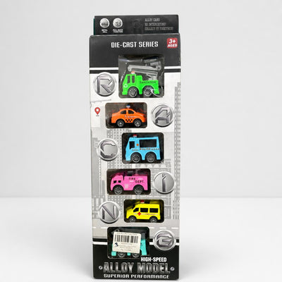 Alloy Model box front with six die-cast city vehicles in a printed road tray and the 3+ badge