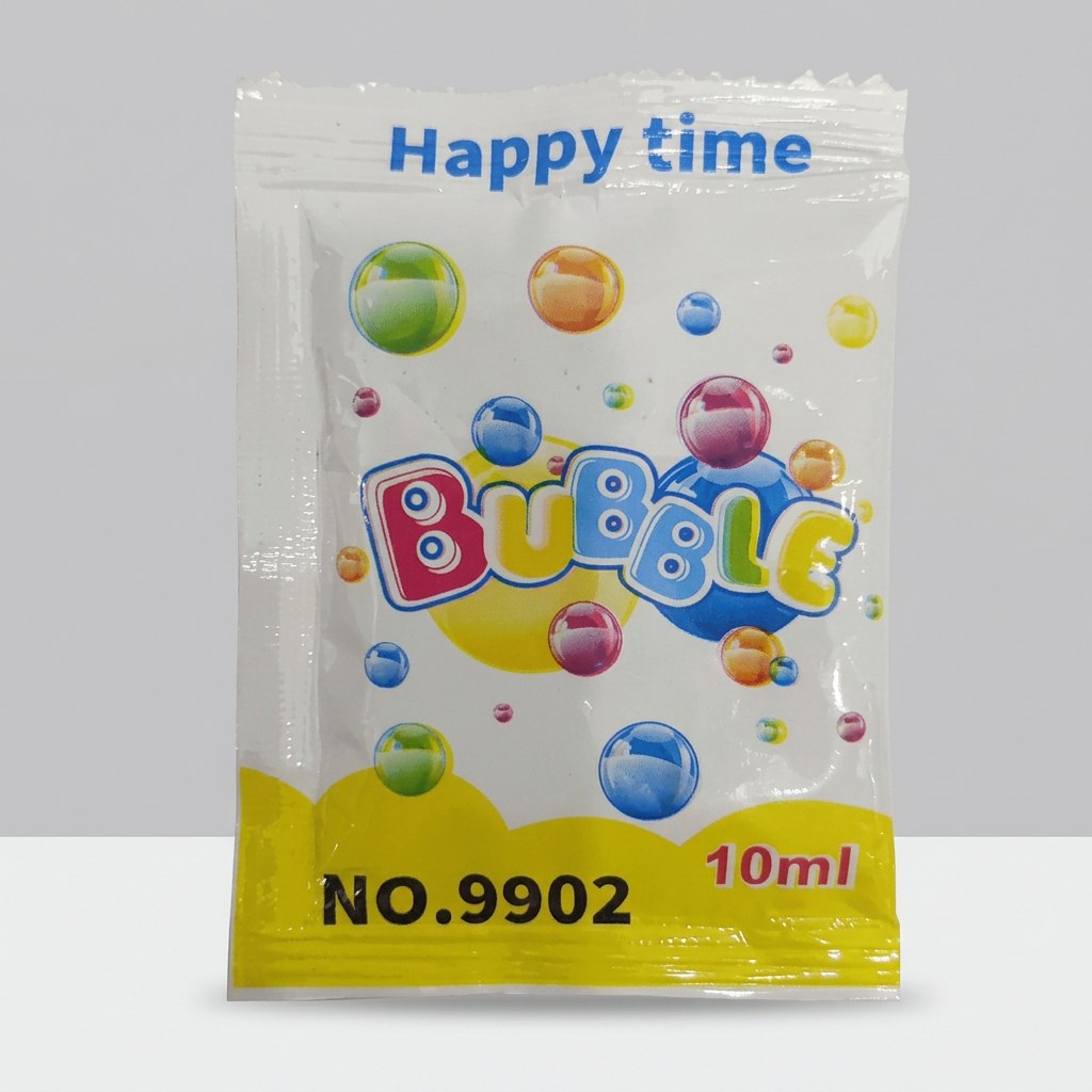 Happy Time bubble solution pouch, printed NO.9902, 10ml, blue bubble design on white and yellow