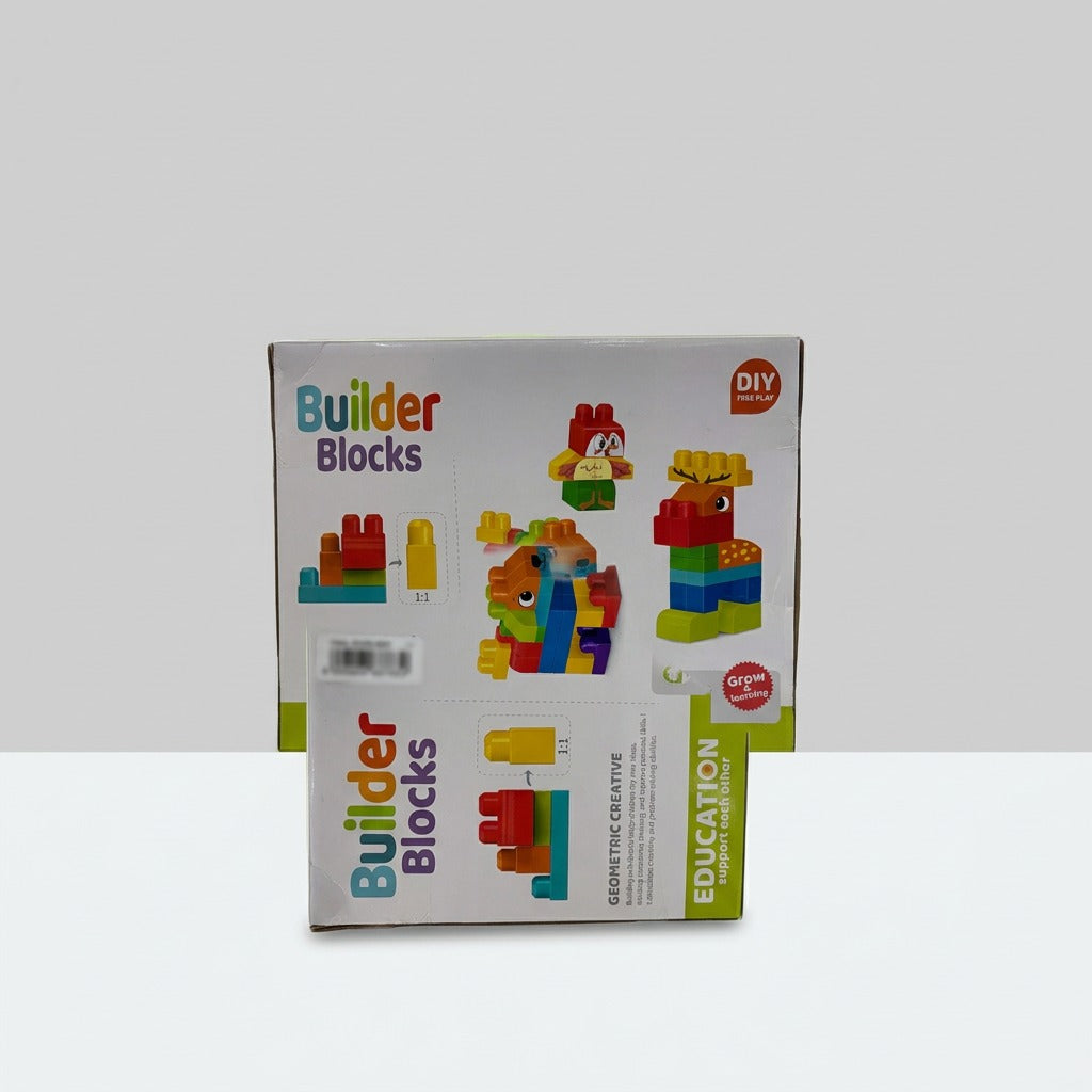 Builder Blocks box back, showing a single block at actual size and finished deer and bird block builds