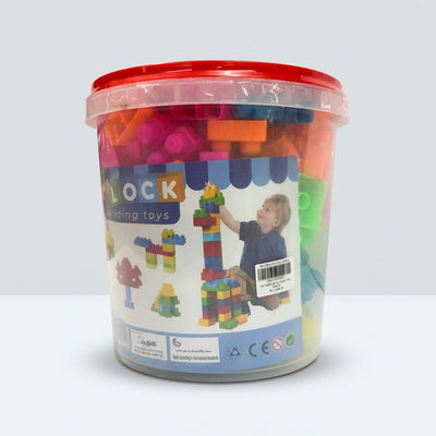 Bucket of colourful interlocking building blocks with a red snap-on lid, product label showing a child stacking the blocks