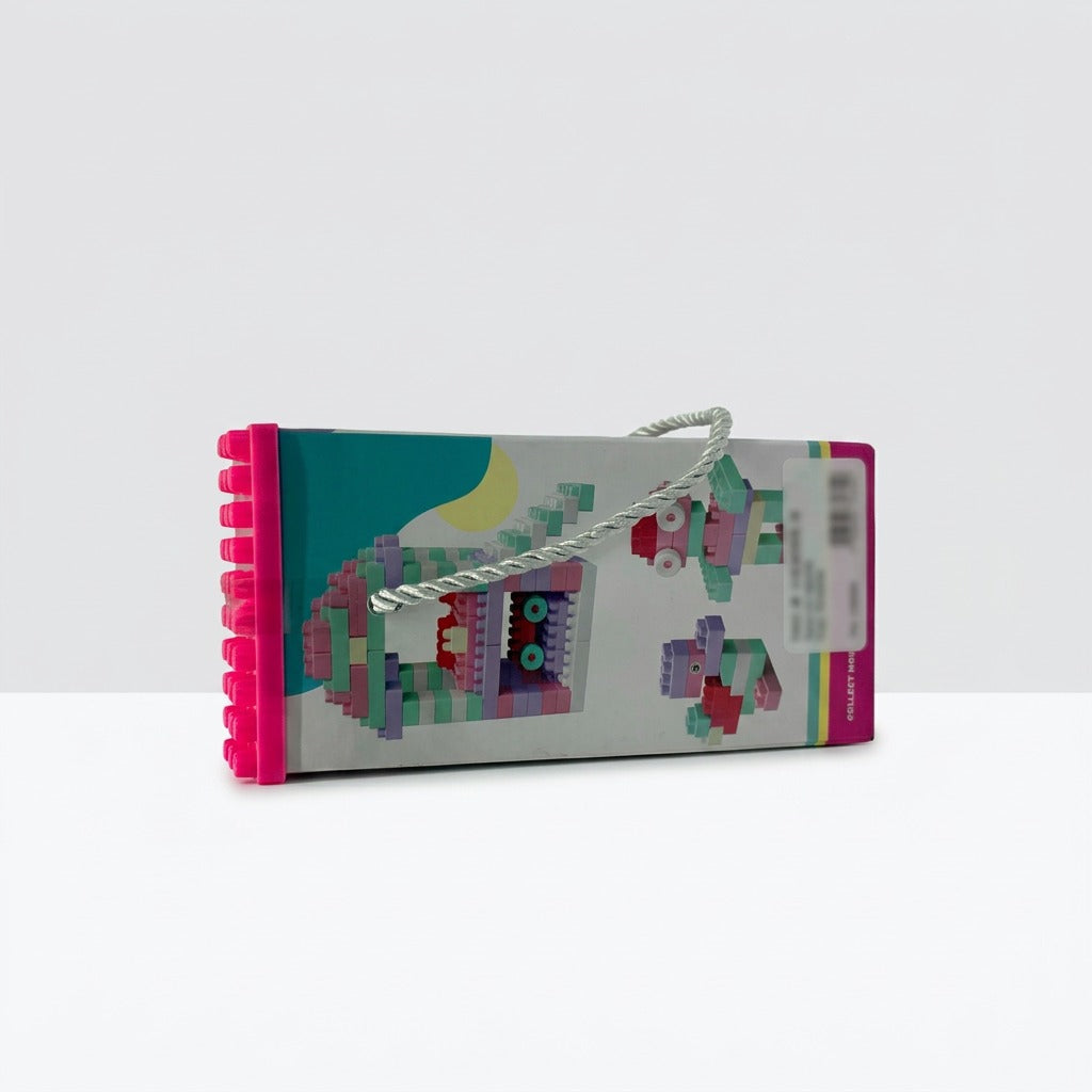 Box lying on its side showing a castle-shaped block build printed across the front and the shop barcode sticker