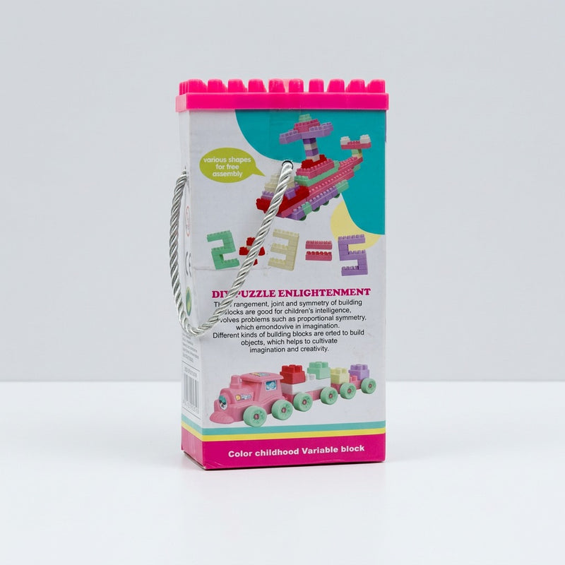 Front of the tower box, with a helicopter block build, a "2+3=5" number-block graphic and the DIY Puzzle Enlightenment heading
