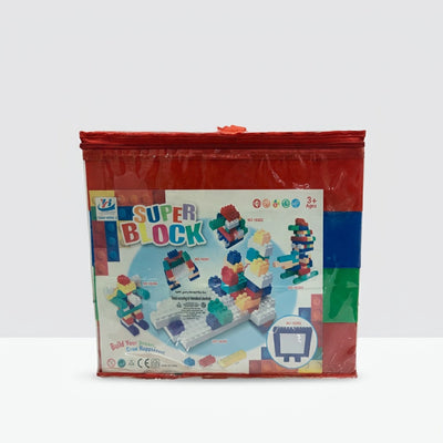Red zip-up carry bag of Super Block building blocks, printed with built block models of houses, figures and vehicles and a 3+ age badge