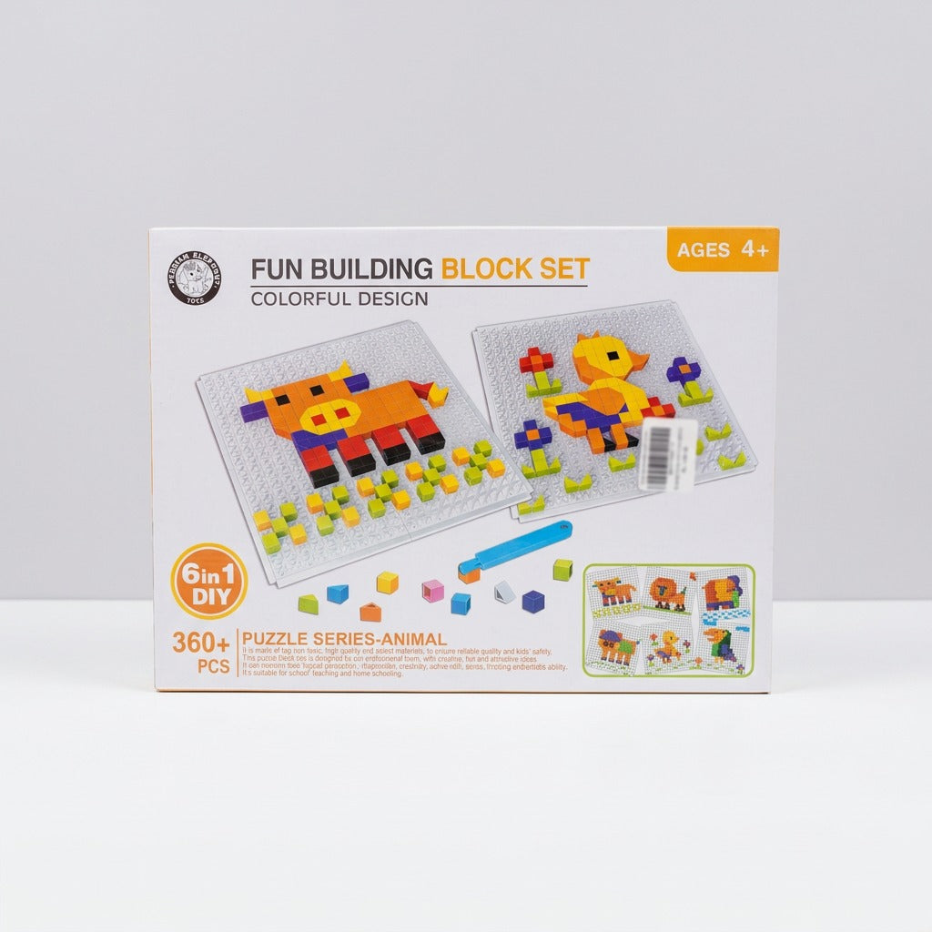 Fun Building Block Set box front showing the cow and duck mosaic designs, ages 4+