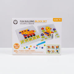 Fun Building Block Set box front showing the cow and duck mosaic designs, ages 4+