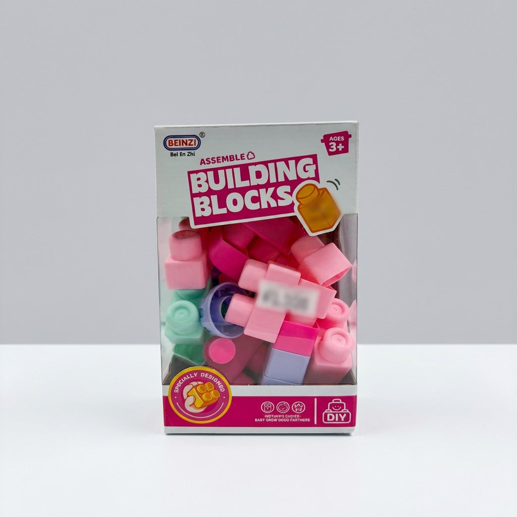 Beinzi Building Blocks box front showing the 3+ age mark and a jumble of pink, mint and lilac blocks through the window