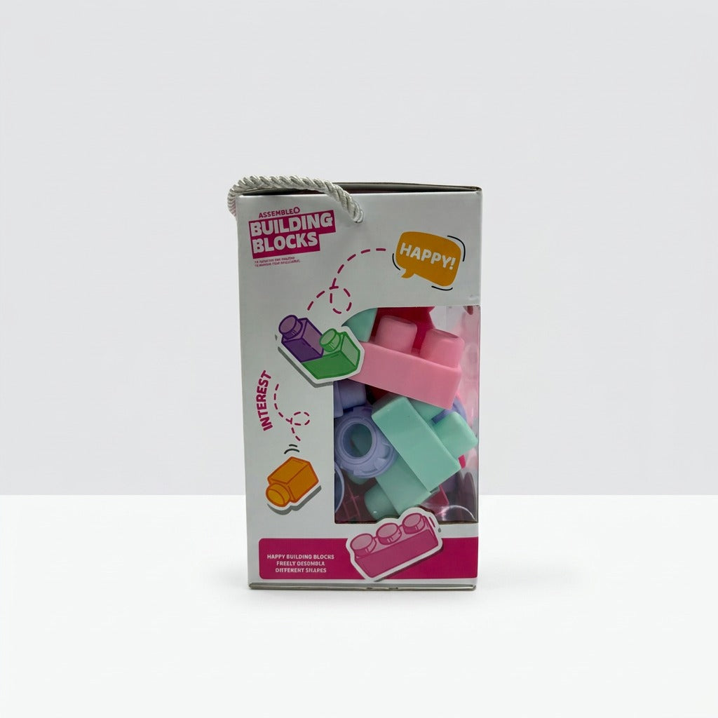 Side panel of the box with a speech-bubble graphic reading "Interest" next to green and pink block icons