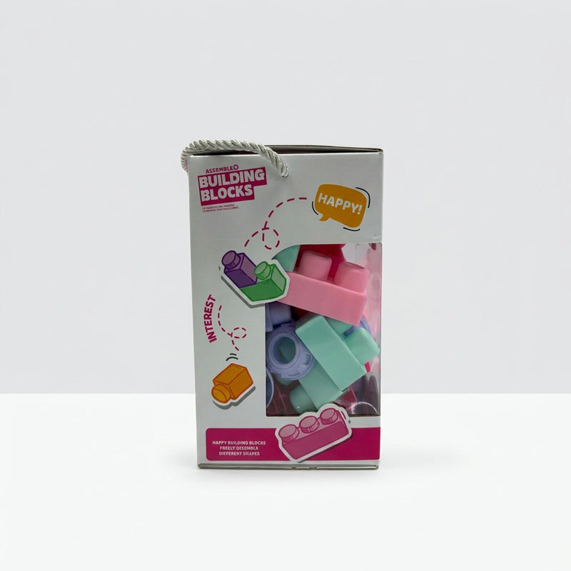Side panel of the box with a speech-bubble graphic reading "Interest" next to green and pink block icons