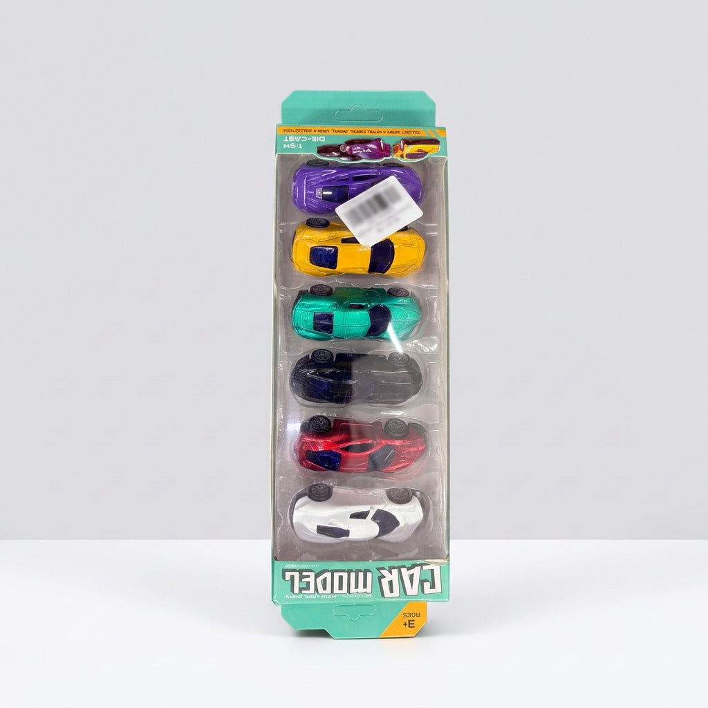 Six 1:64 die-cast cars in their blister pack, white, red, purple, green, yellow and purple