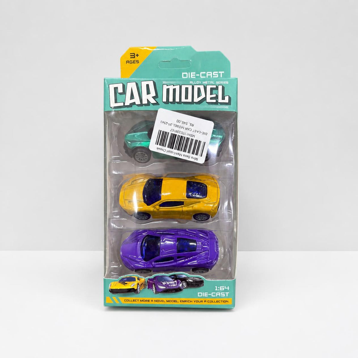 Three 1:64 die-cast cars in their blister pack, green, yellow and purple