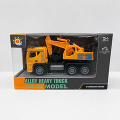 Alloy Heavy Truck Model box front, yellow excavator truck behind a clear window