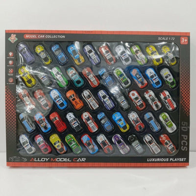 Alloy Model Car Collection box front, 50 cars in window display, Scale 1:72, 3+ badge