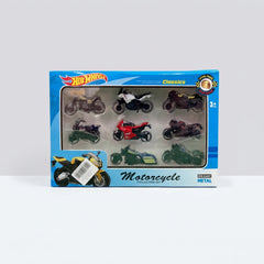 Hot Wheels Motorcycle Collection Set box front with all 9 die-cast bikes in their tray