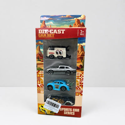 Die-Cast Car Set card front with four metal cars in the blister and the 3+ age panel