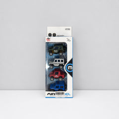 Mini Model pull-back pickup card front, four trucks behind a clear blister