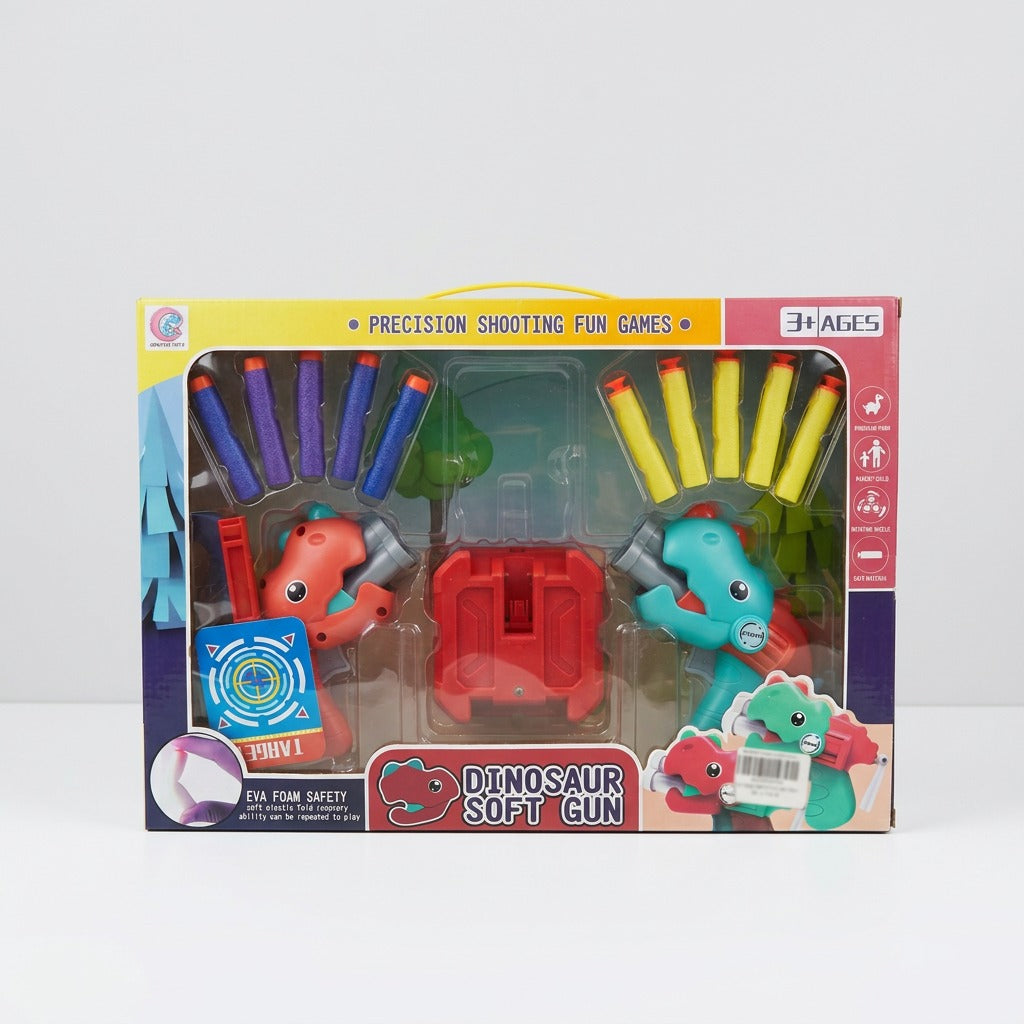 Dinosaur Soft Gun box front with two dino guns, twelve foam darts and the 3+ AGES badge