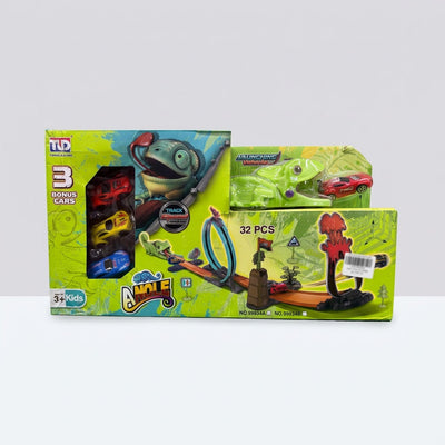 Dino Track Set box front with the chameleon launcher, 3 bonus cars and the loop-and-volcano track