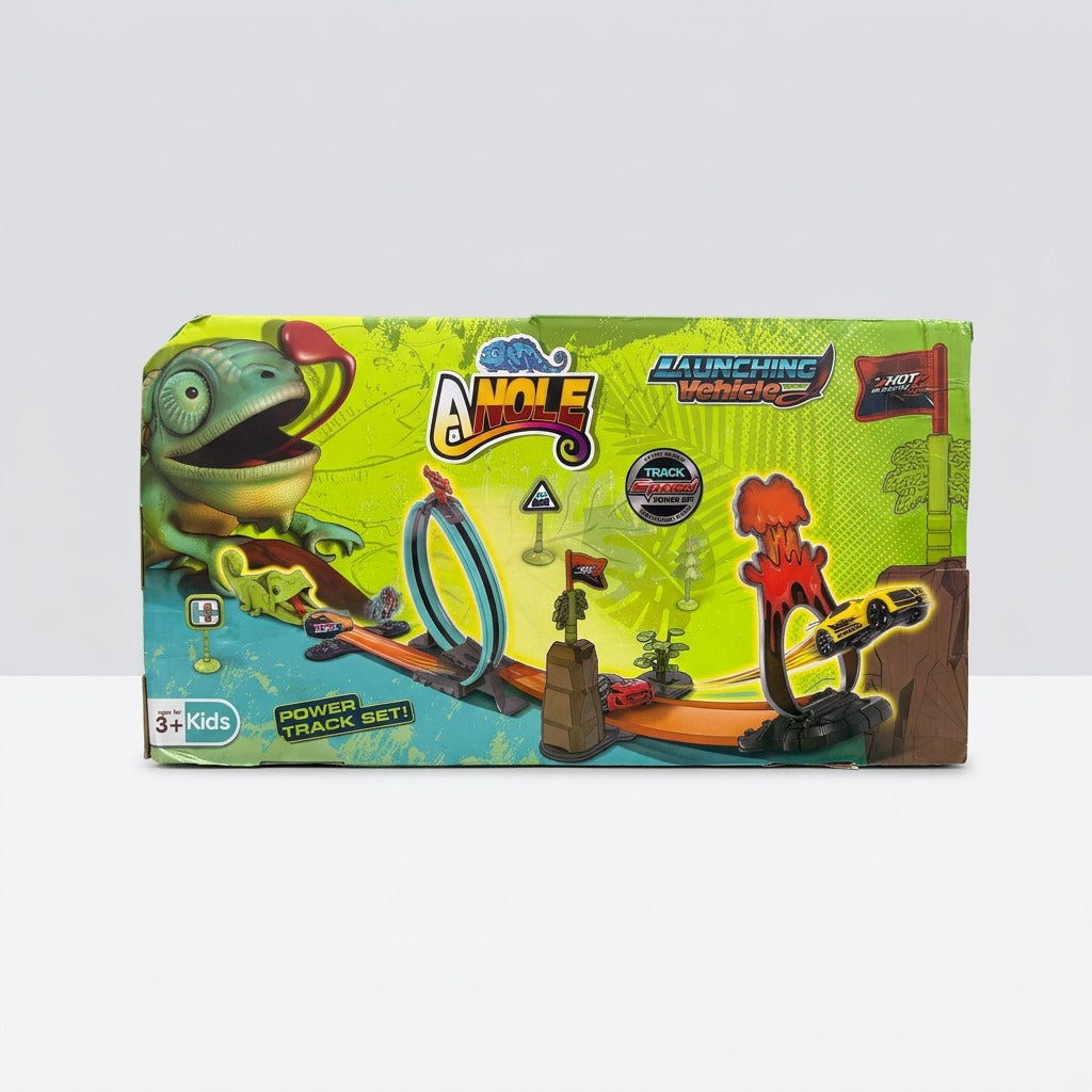 Close-up of the chameleon launcher mouth, a red car and the 32 PCS badge