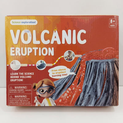 Volcanic Eruption Science Kit box front, moulding-painting-curing steps, choking-hazard warning, 8+ badge
