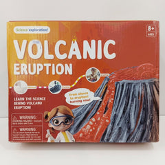 Volcanic Eruption Science Kit box front, moulding-painting-curing steps, choking-hazard warning, 8+ badge