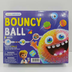 Bouncy Ball Science Kit box front, 4 Molds, Make up to 5 Balls, choking-hazard warning, 8+ badge