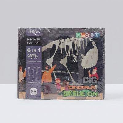 DIG Dinosaur Skeleton 6-in-1 box front, excavated skeleton artwork with dig tool icons and 8+ badge