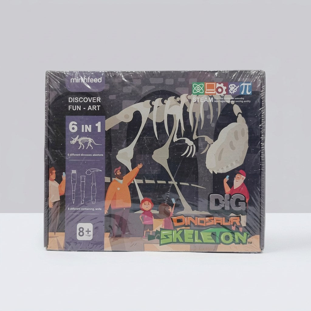 DIG Dinosaur Skeleton 6-in-1 box front, excavated skeleton artwork with dig tool icons and 8+ badge
