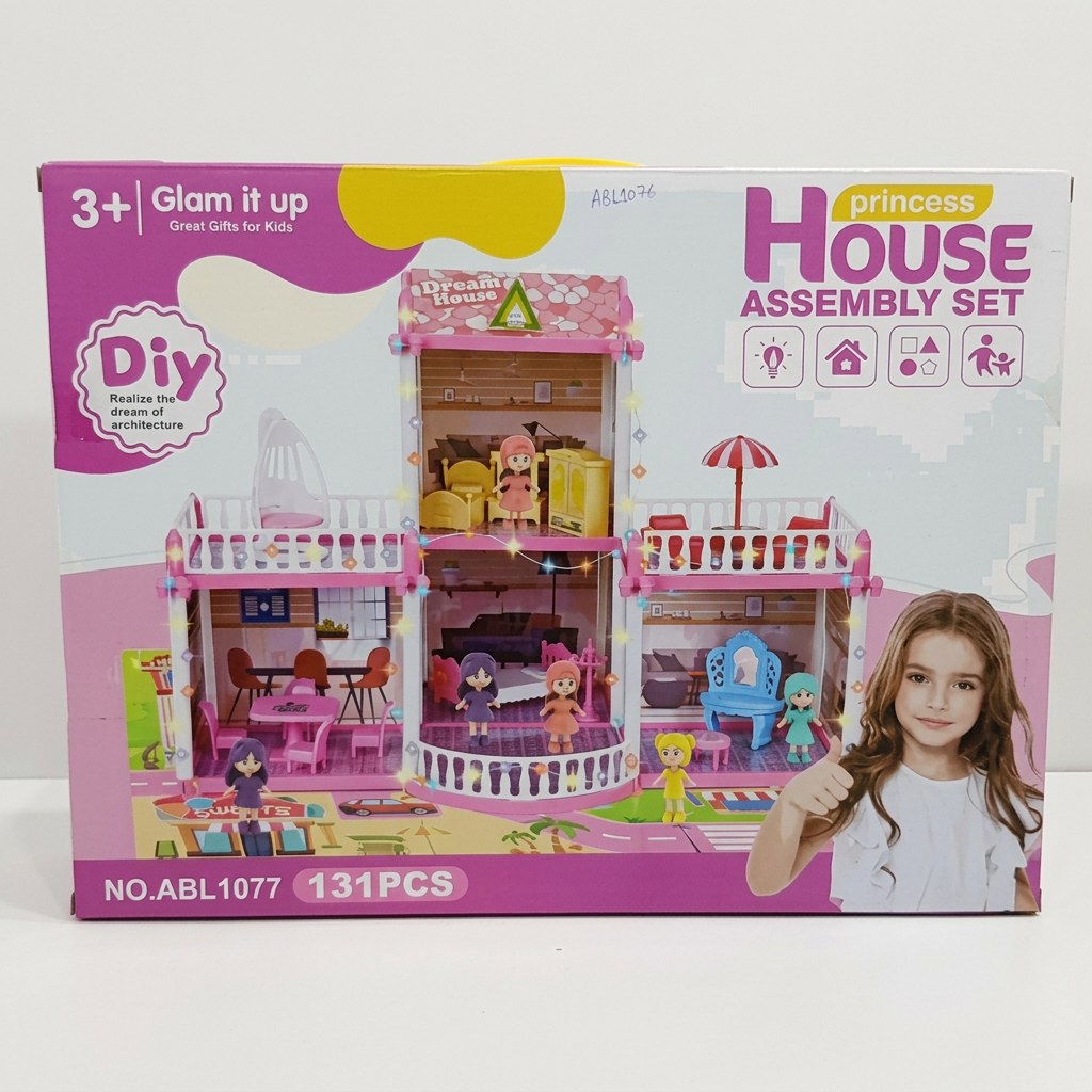 Princess House Assembly Set box front, pink DIY dollhouse packaging, 3+ badge and 131pcs