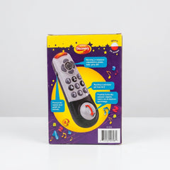 Angled view of the box showing the toy remote standing in its tray