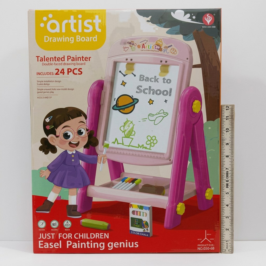 Double-sided drawing board easel box front, pink tripod frame, 24 PCS callout, coloured chalk box