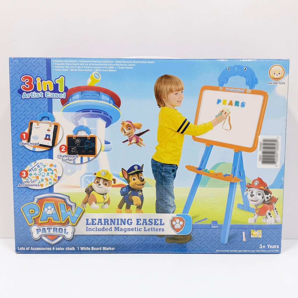PAW Patrol 3-in-1 Learning Easel box front, sketchpad and chalkboard callouts, magnetic letters, 3+ Years tag