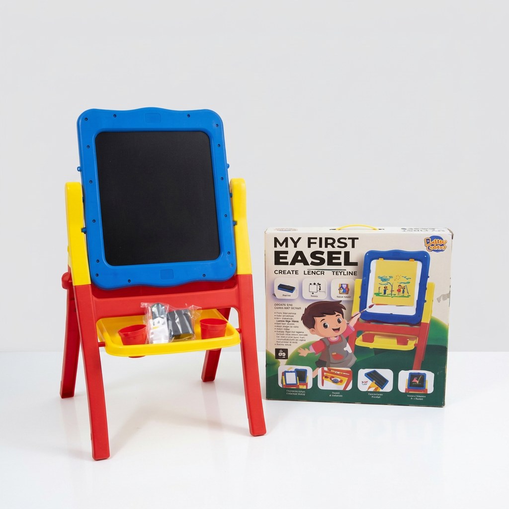 The assembled chalkboard easel beside its box, blue-framed board on red legs with a yellow tray holding chalk
