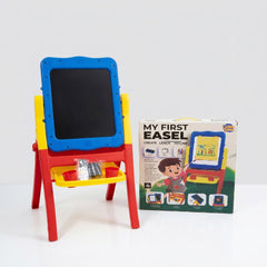 The assembled chalkboard easel beside its box, blue-framed board on red legs with a yellow tray holding chalk