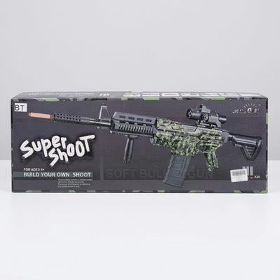 Super Shoot electric soft bullet gun in camo finish with scope and foregrip