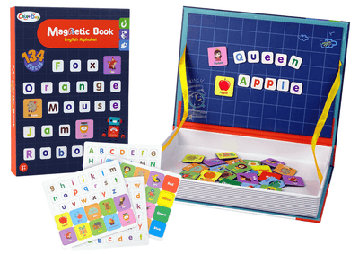 Closed Magnetic Book English Alphabet box next to the open book showing its magnetic grid board with letter and picture tiles stuck on, and a storage tray of loose tiles