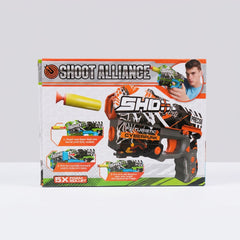 Shoot Alliance box front with the orange blaster and the three printed loading steps