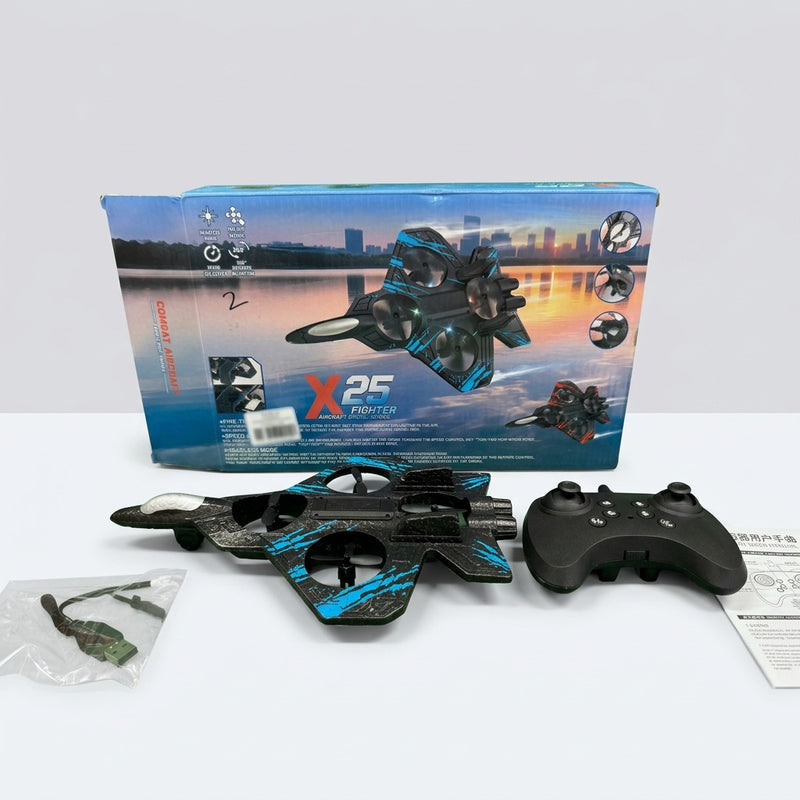 The drone in its bag with the controller and the folded user manual