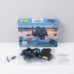 Side view of the drone with the box behind it and the shop price sticker