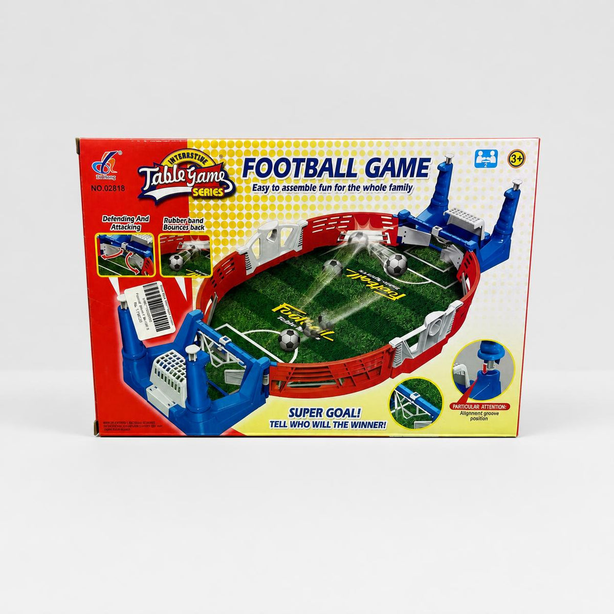 Table Football Game box front showing the assembled red and blue pitch, goals and shoot handles