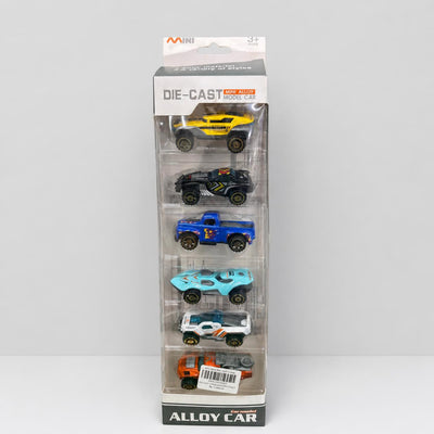 Die-Cast Mini Alloy Model Car tray with six cars lined up and the 3+ age mark
