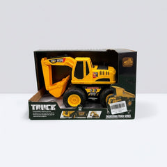 Excavator Truck box front showing the yellow CITY WORK loader with its digging arm