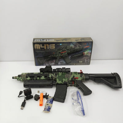 M416 electric gel ball blaster box front, camo print, 14+ badge and 1:1 scale