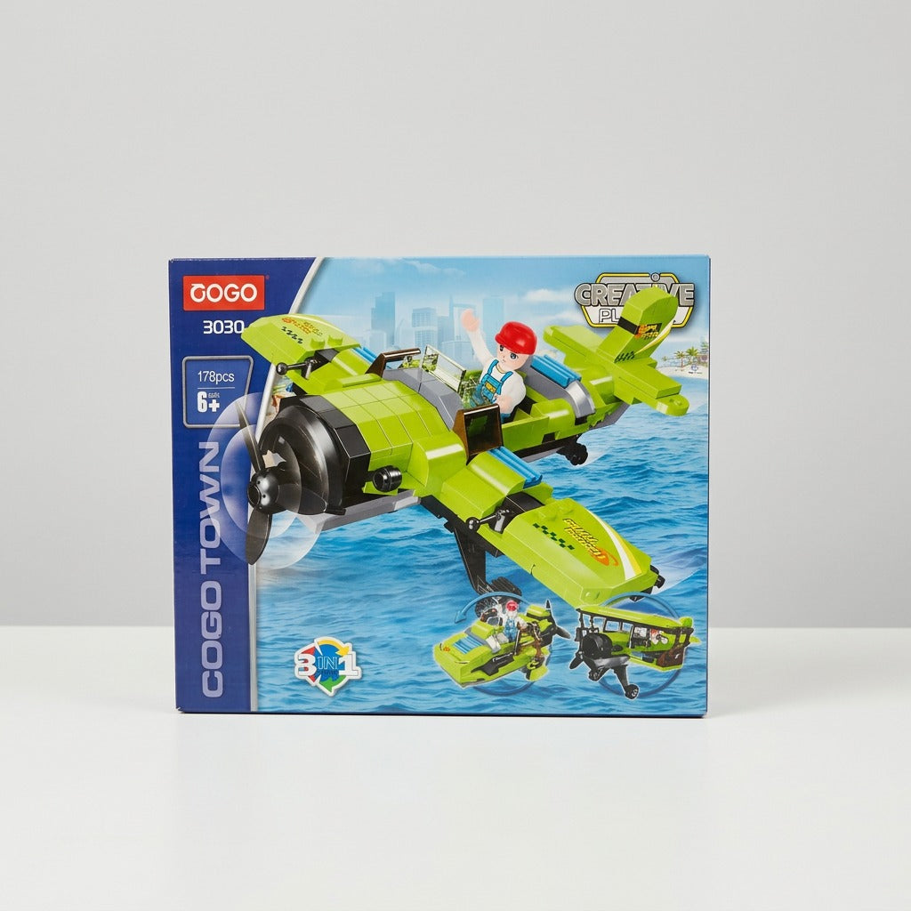 Green building-block plane box, front panel showing the built propeller plane with a pilot minifigure, 178pcs 6+